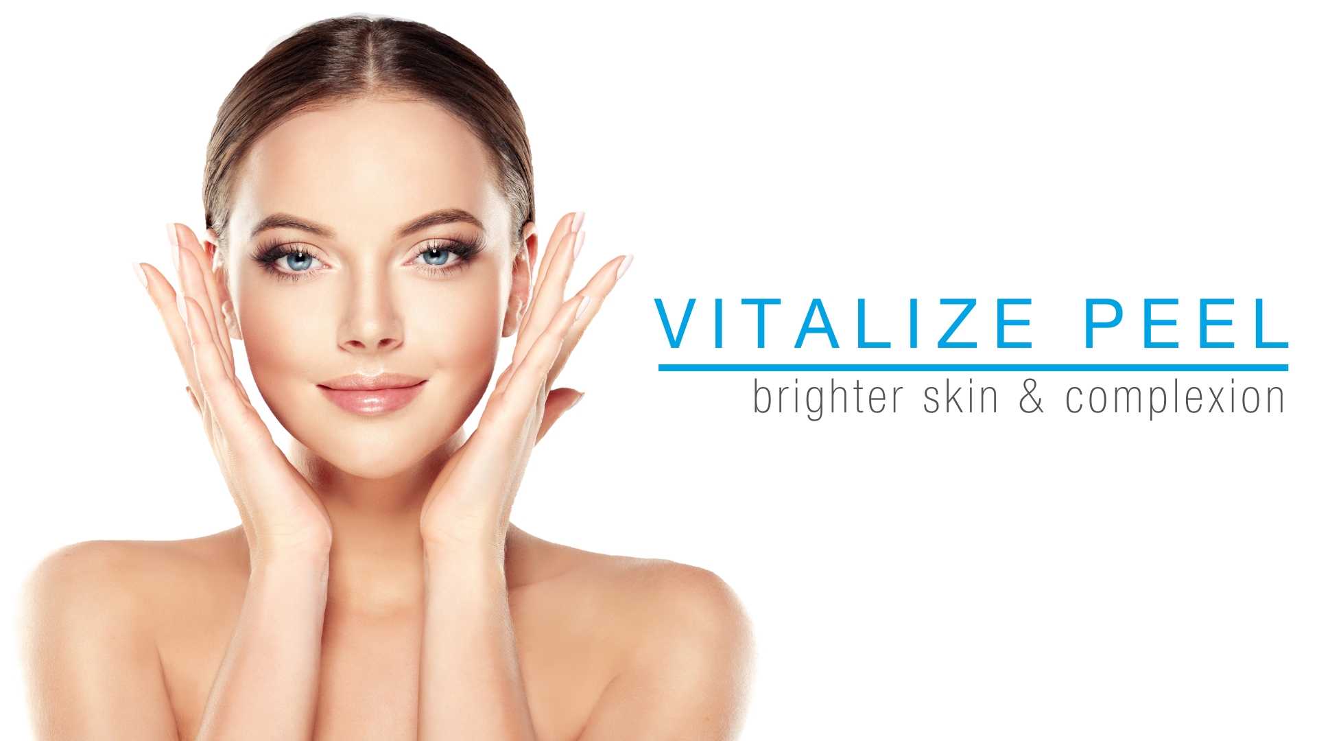 Woman with clear and glowing skin looks satisfied as she touches her face after a Vitalize Peel.