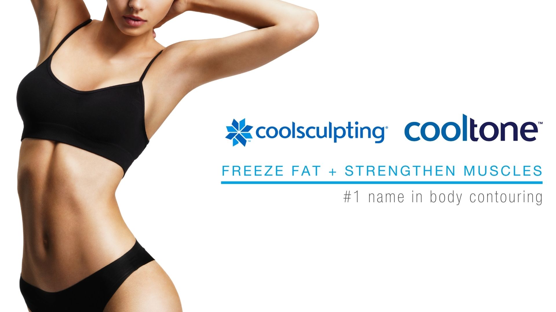 Athletic and toned woman showing her results from Cooltone at Laser + Skin Institute.