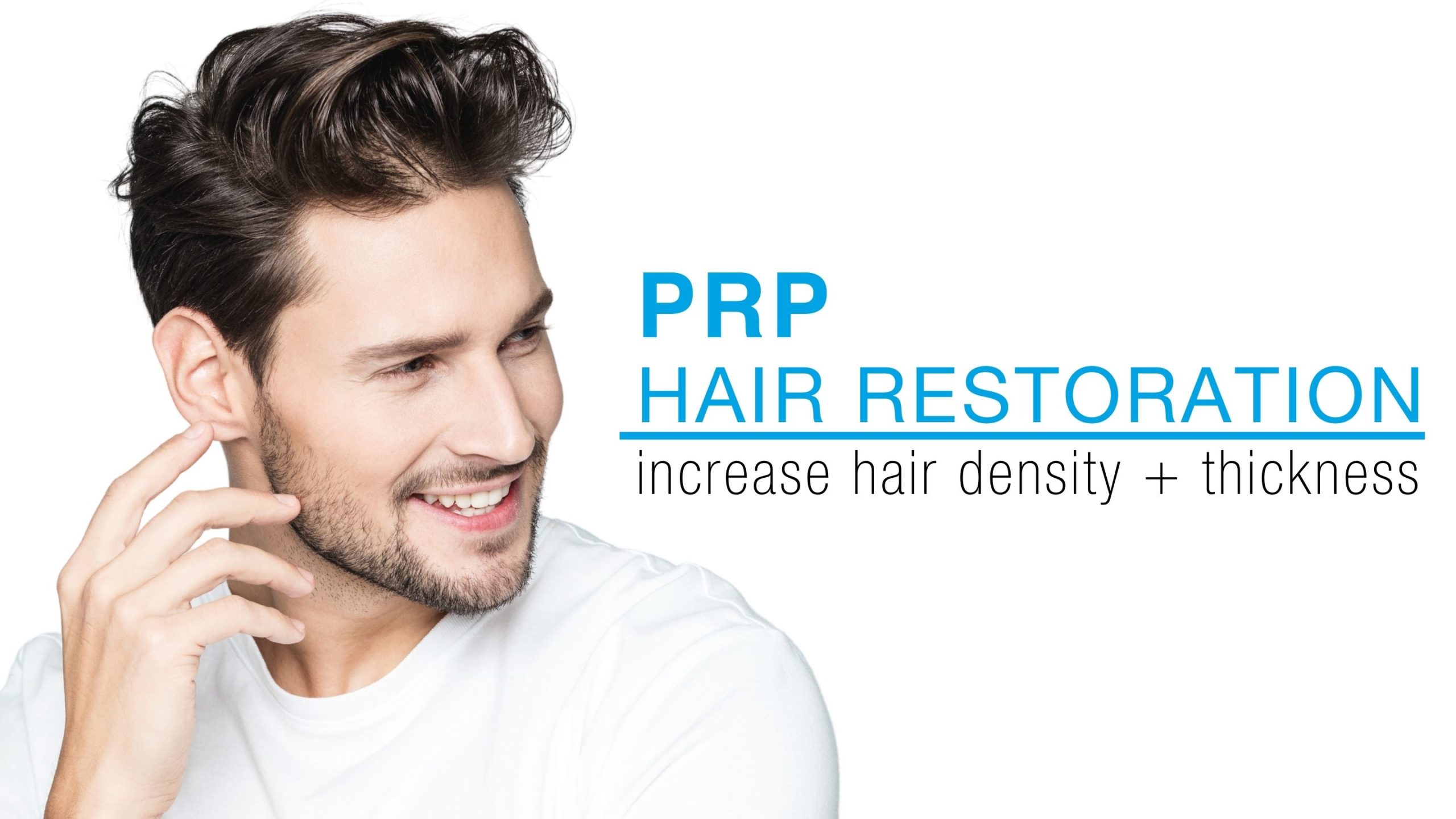 smiling handsome man promoting hair restoration treatment